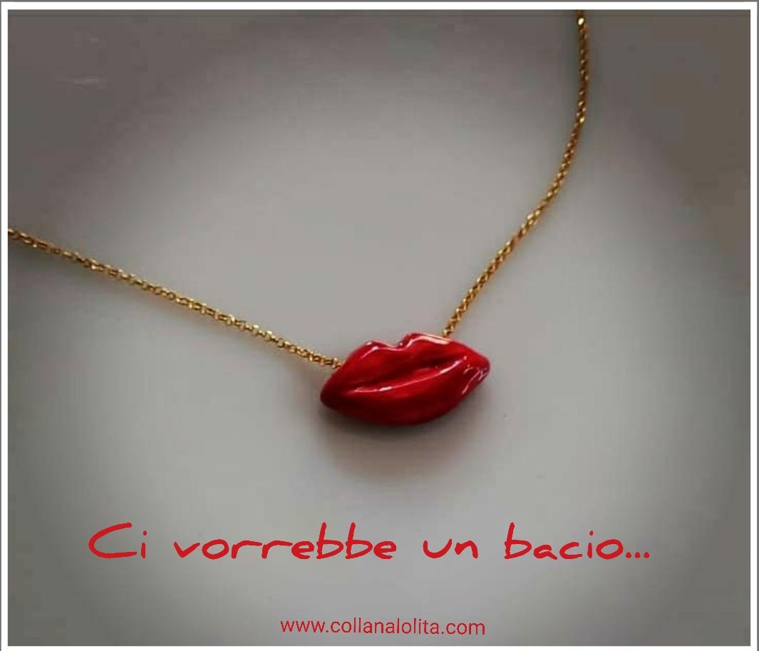 Collana Labbra Lolita Artigianale | Argento 925 Dorato O Rodiato Con Catenina Veneziana 45 Cm | Scegli Il Colore: Rosso, Rosa, Turchese, Agata | Gioiello Made In Italy Con Certificato
