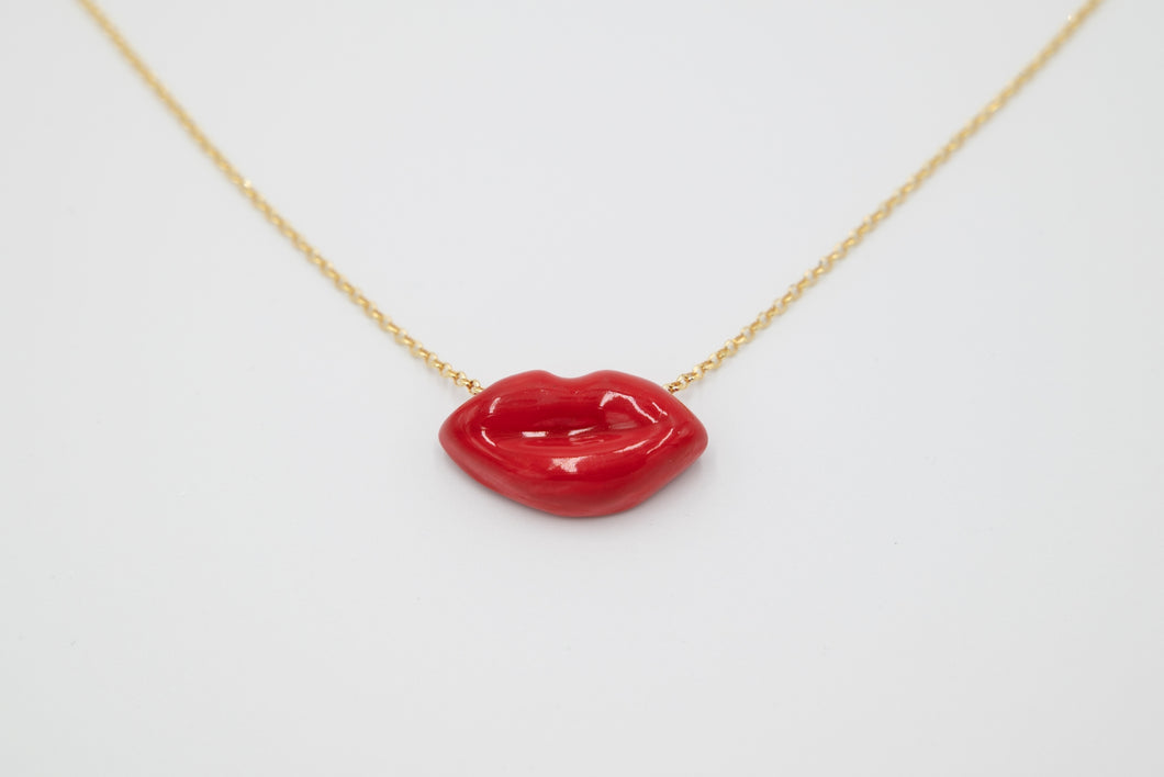 Collana In Corallo Rosso Mediterraneo Naturale A Forma Di Labbra – Argento 925 Dorato – Gioiello Artigianale Italiano